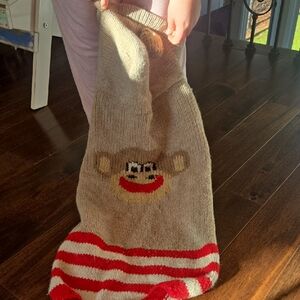 Sock Monkey Knit Blanket with Red Stripes